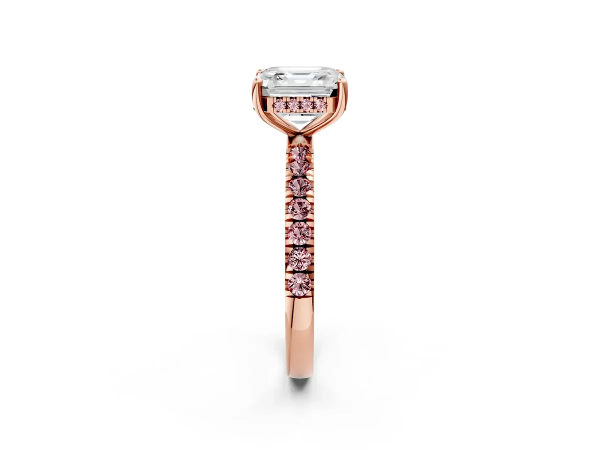 Asscher Cut Diamond Pave Band Solitaire Ring with Round Morganite and Prong Setting Rose gold