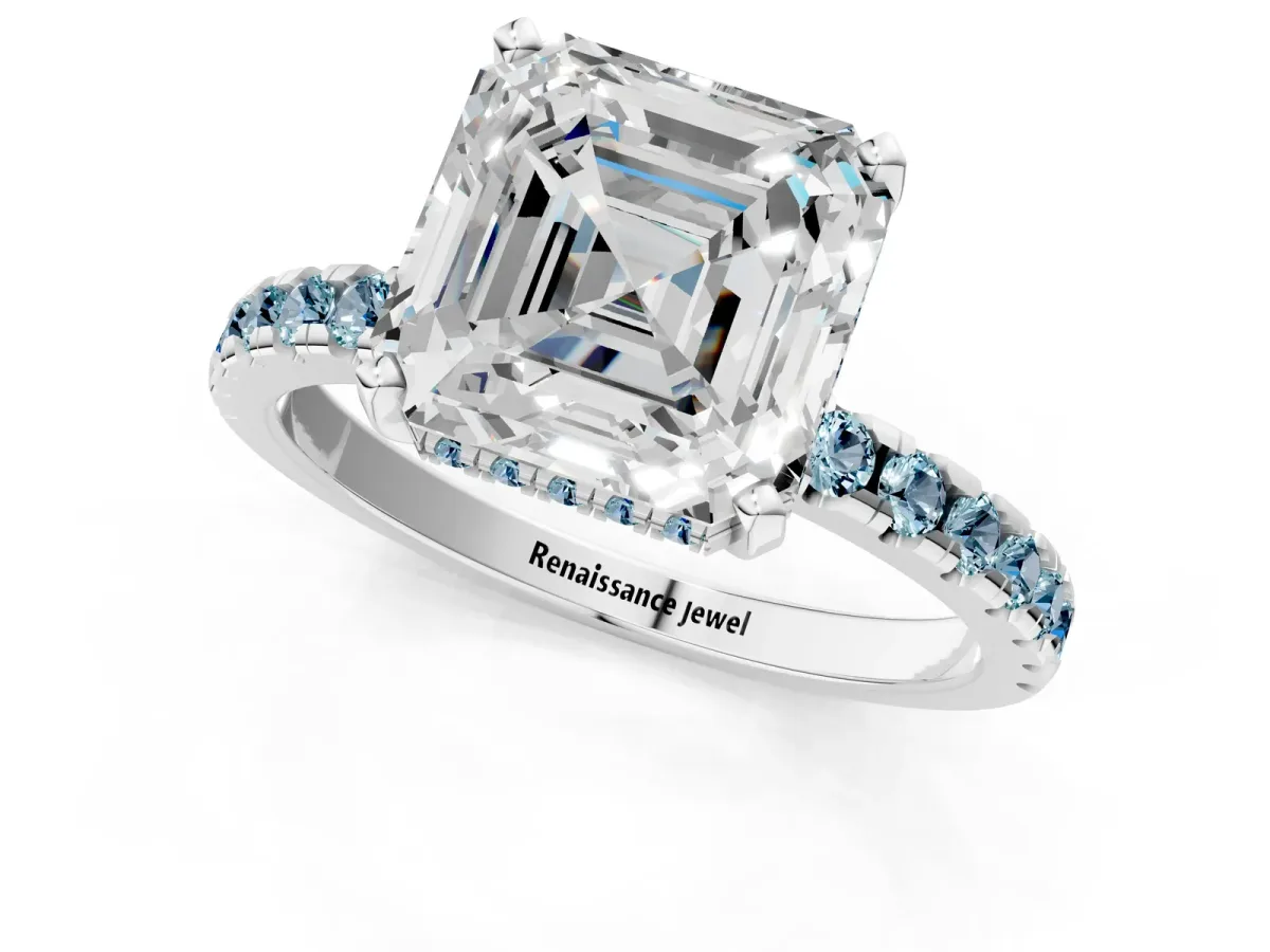 Asscher Cut Diamond Solitaire Ring with Round Aquamarine Pavé Band and Four-Prong Setting Silver