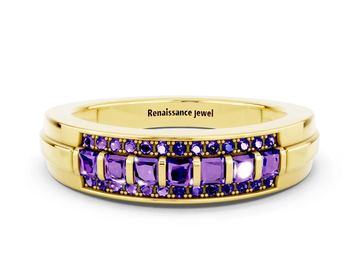 Bar-Set Princess Cut Tanzanite Pavé Band Yellow gold
