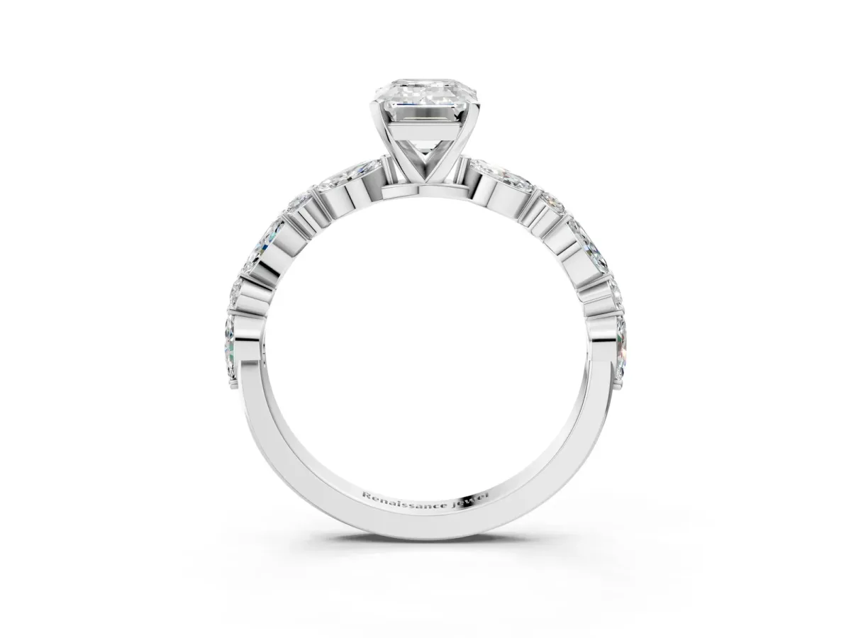 Emerald Cut Diamond Ring with Marquise and Round Side Stones and Four-Prong Setting Silver
