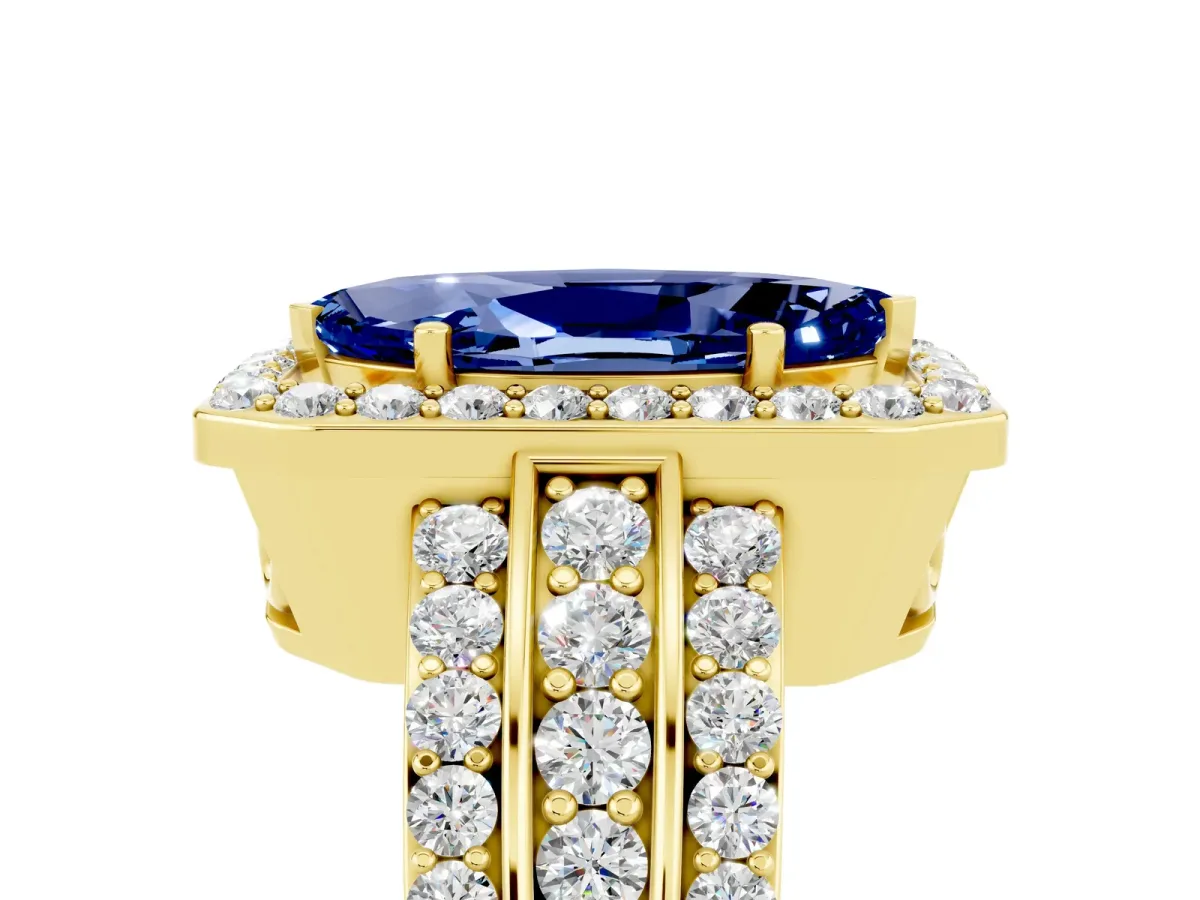 Marquise Cut Halo Blue Sapphire Ring with Round Split Shank and Prong Setting Yellow gold