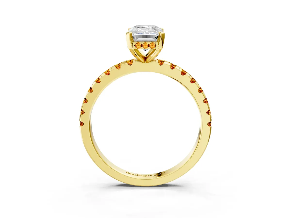 Emerald Cut Diamond Solitaire Ring with Round Citrine Pavé Band and Four-Prong Setting Yellow gold