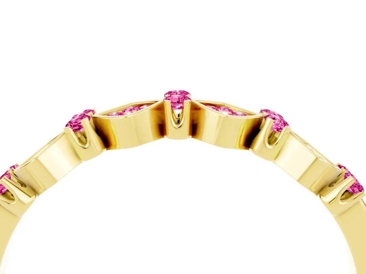 Pavé Cushion Pink Sapphire Cluster Eternity Band with Prong Setting Yellow gold