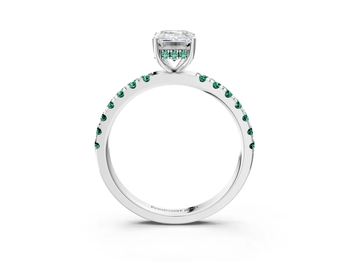 Emerald Cut Diamond Pave Band Solitaire Ring with Round Green Sapphire and Prong Setting Platinum