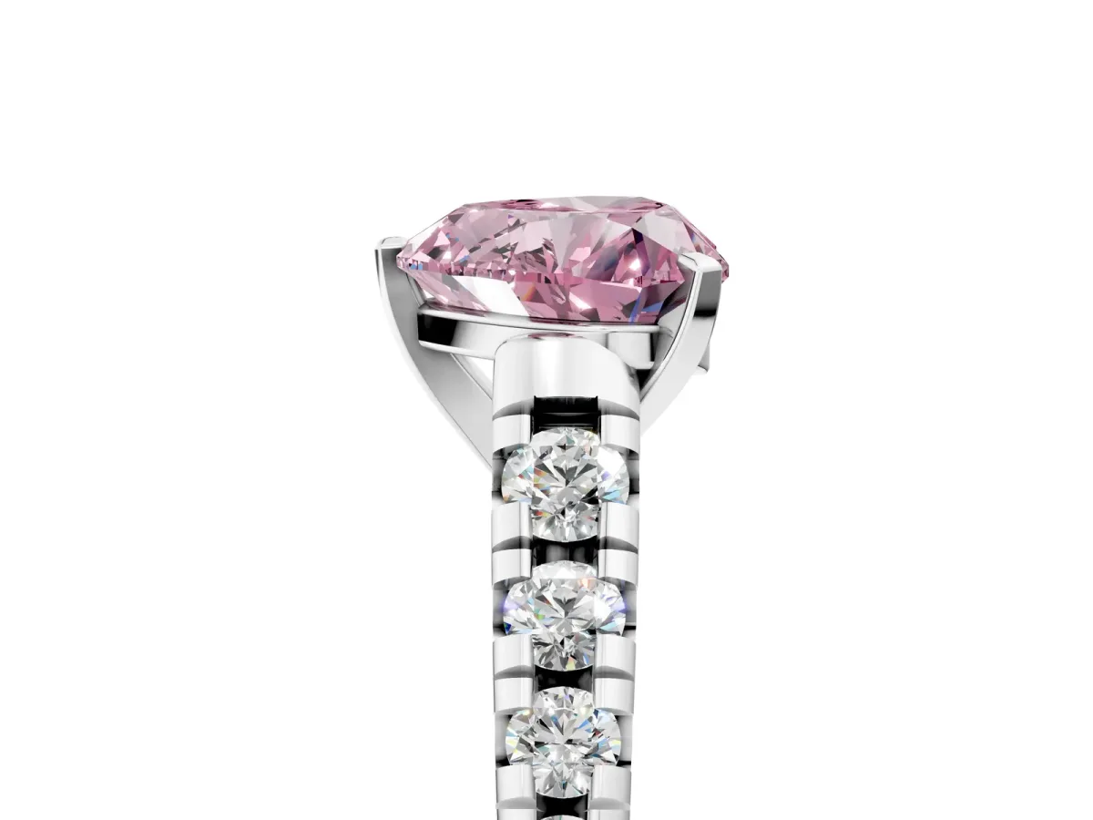 Fancy Pink Heart Cut Diamond Cathedral Solitaire Ring with Round Pavé Band Silver