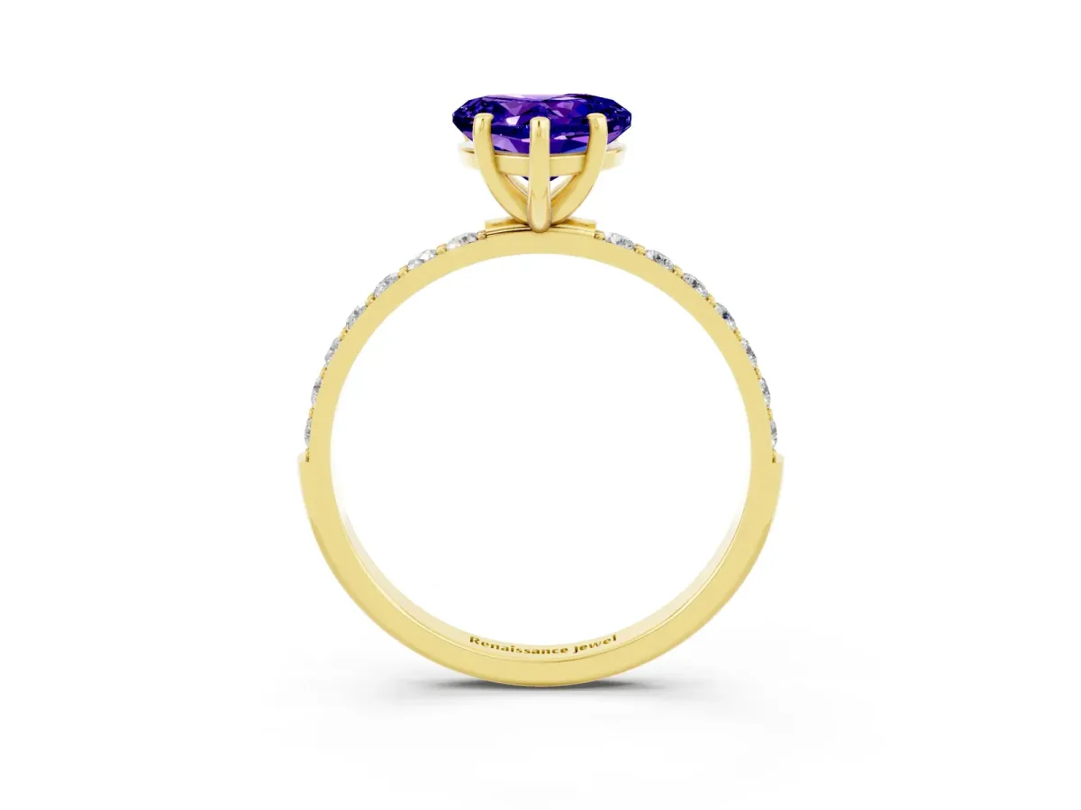 Heart Cut Tanzanite Solitaire Ring with Round Pavé Band and Prong Setting Yellow gold