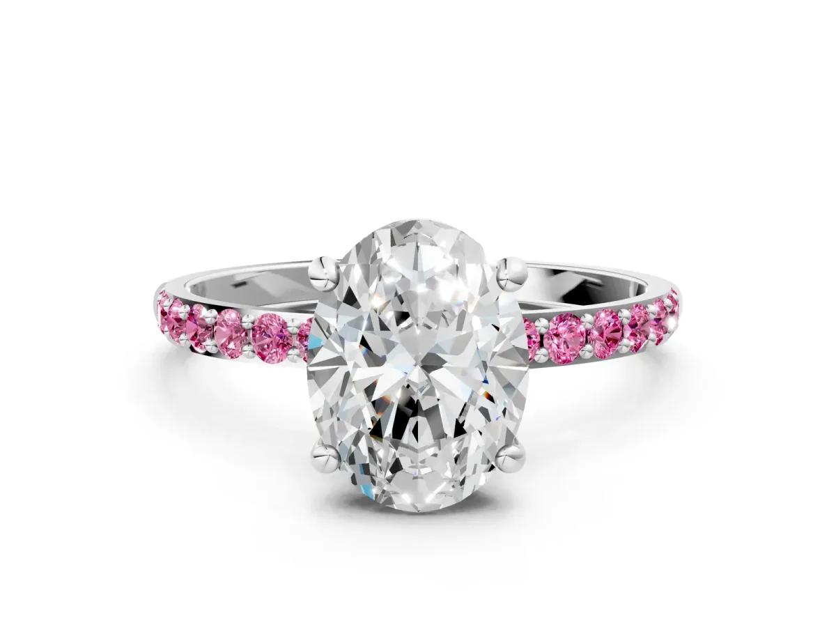 Oval Cut Diamond Solitaire Ring with Round Pink Sapphire Pavé Band and Prong Setting Platinum