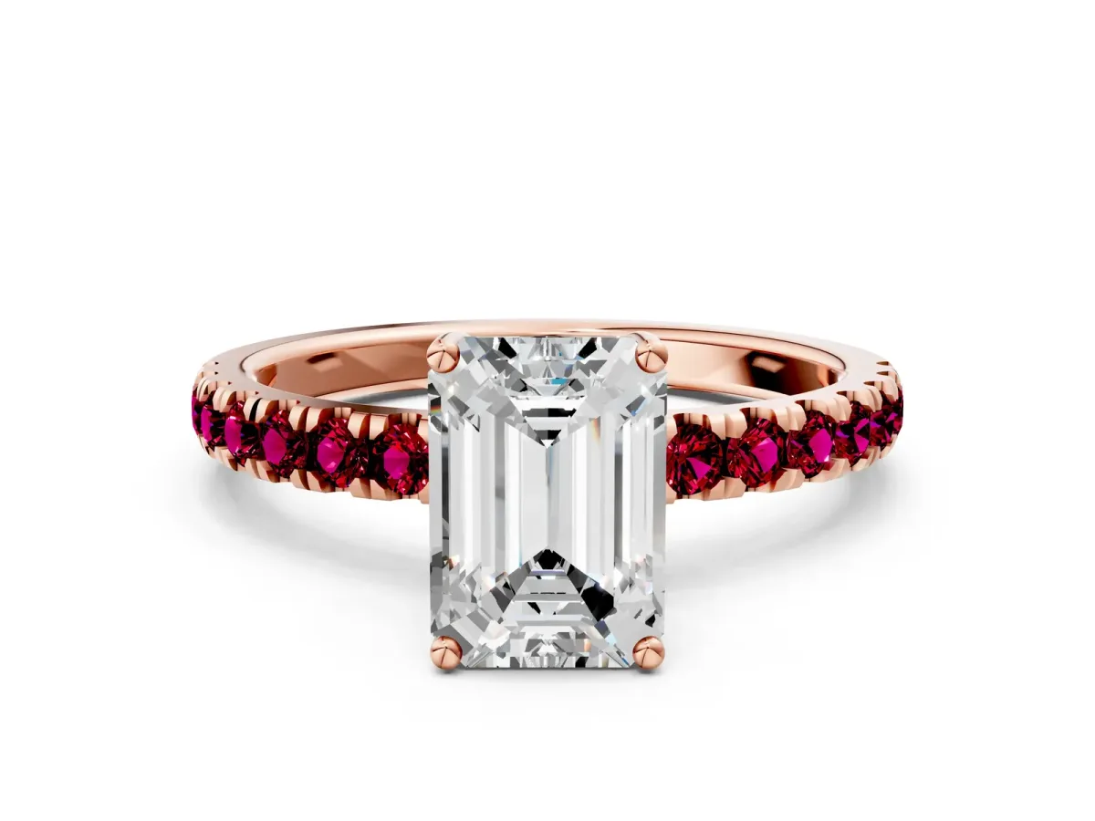Emerald Cut Diamond Pave Band Solitaire Ring with Round Garnet and Prong Setting Rose gold