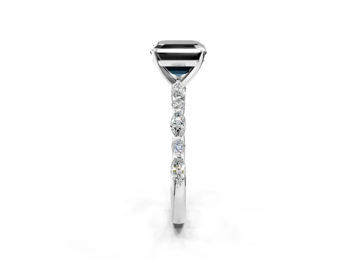 Fancy Black Asscher Cut Diamond Ring with Marquise and Round Side Stones and Four-Prong Setting Platinum
