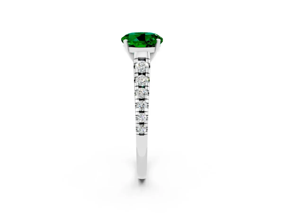 Round Cut Emerald Cathedral Solitaire Ring with Round Pavé Band Platinum