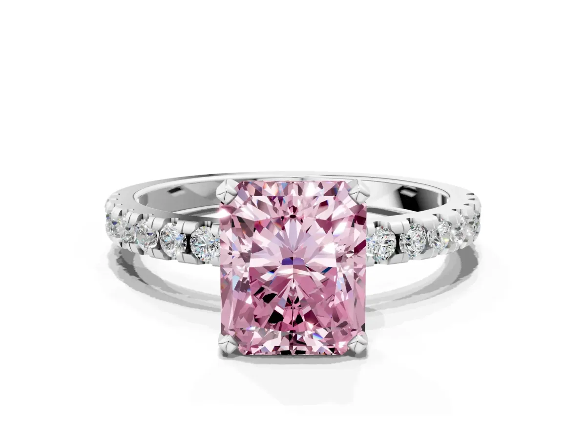 Fancy Pink Radiant Cut Diamond Solitaire Ring with Round Pavé Band and Four-Prong Setting Platinum