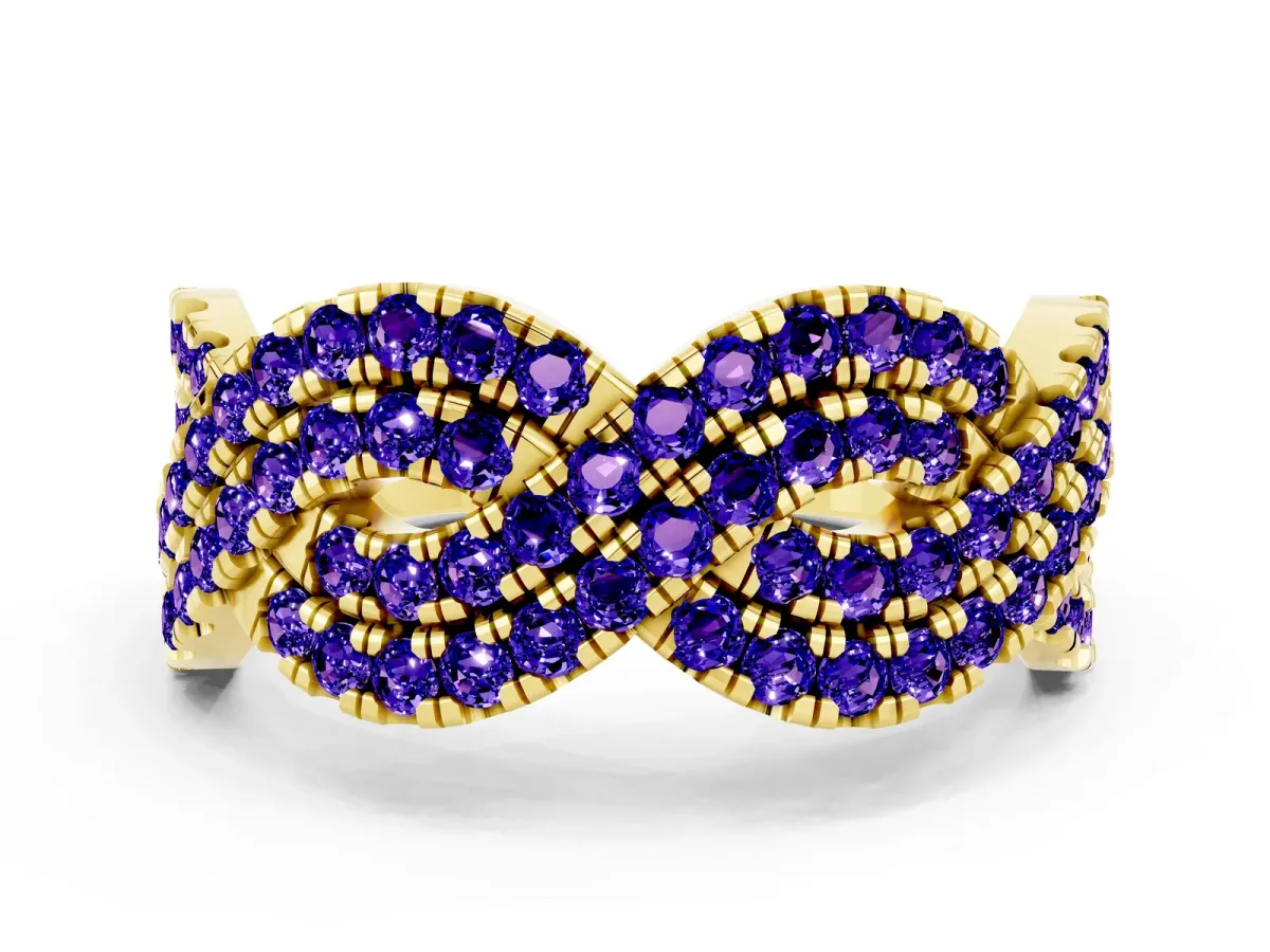 Pavé Round Tanzanite Infinity Twist Band with Shared Prong Setting Yellow gold