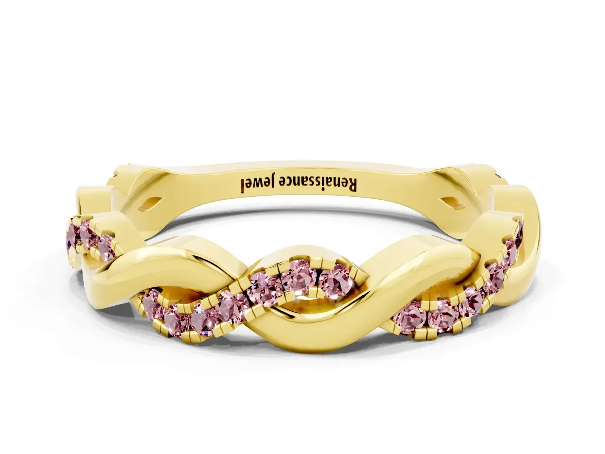 Pavé Round Morganite Twist Eternity Band with Shared Prong Setting Yellow gold