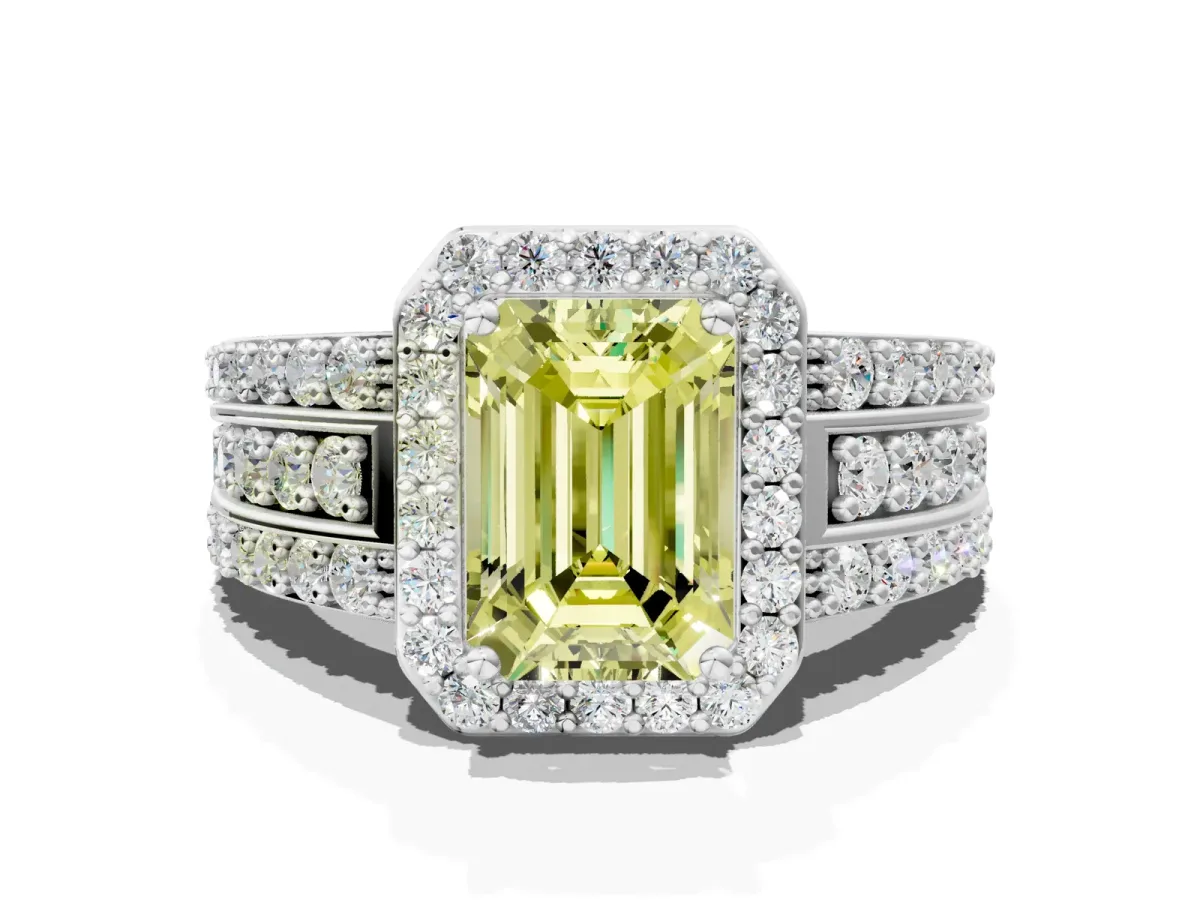 Fancy Yellow Emerald Cut Halo Diamond Ring with Round Split Shank and Prong Setting Silver