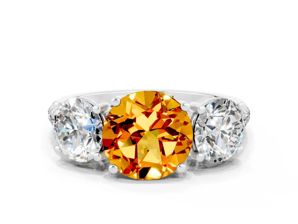 Three-Stone Round Cut Citrine Ring with Round Pavé Band and Prong Setting Silver