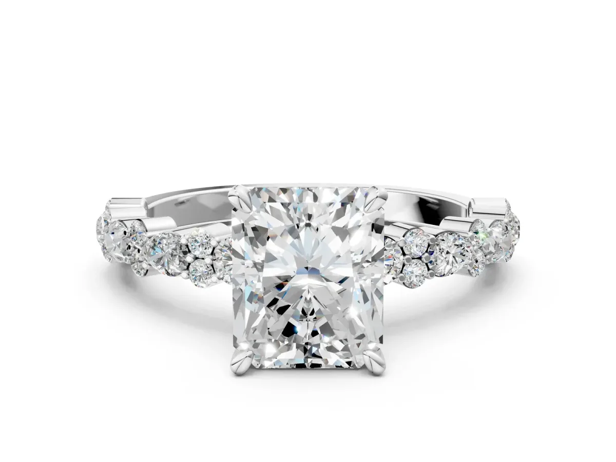 Radiant Cut Diamond Side Stone Solitaire Ring with Round Moissanite and Four-Prong Setting Platinum