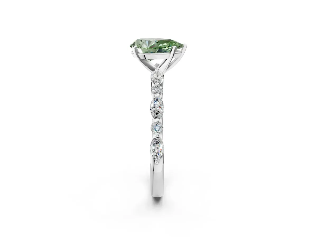 Fancy Green Pear Cut Diamond Ring with Marquise and Round Side Stones and Four-Prong Setting Platinum