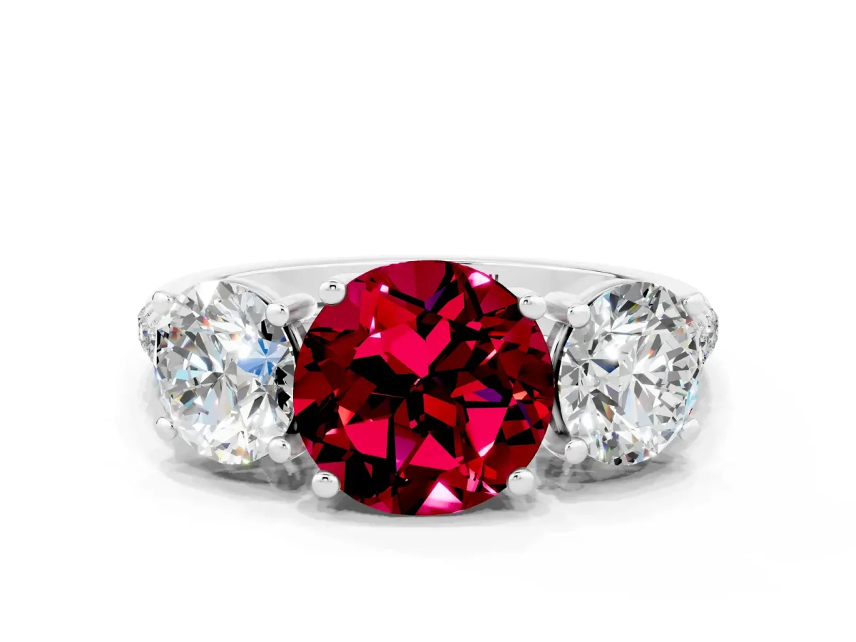 Three-Stone Round Cut Garnet Ring with Round Pavé Band and Prong Setting White gold