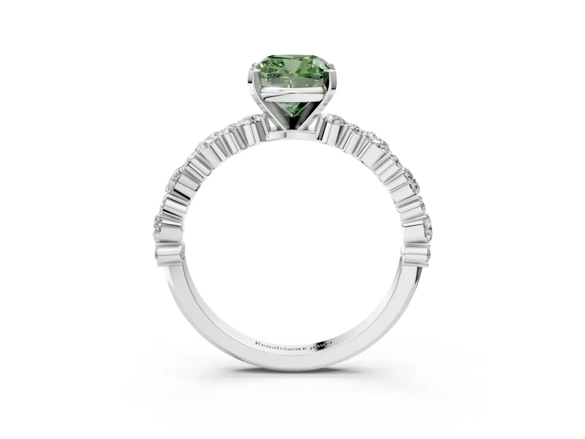 Fancy Green Cushion Cut Diamond Side Stone Solitaire Ring with Round and Four-Prong Setting Platinum