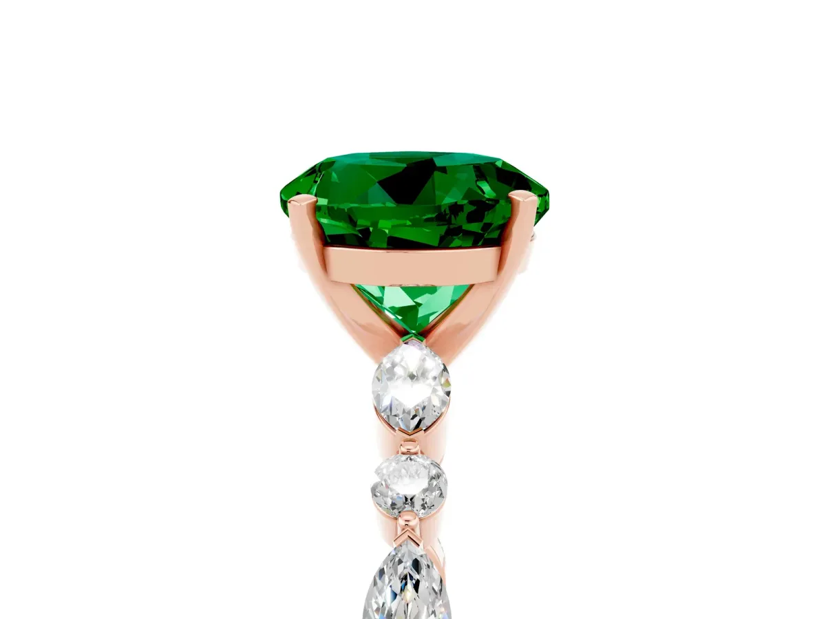 Round Cut Emerald Ring with Marquise and Round Side Stones and Four-Prong Setting Rose gold