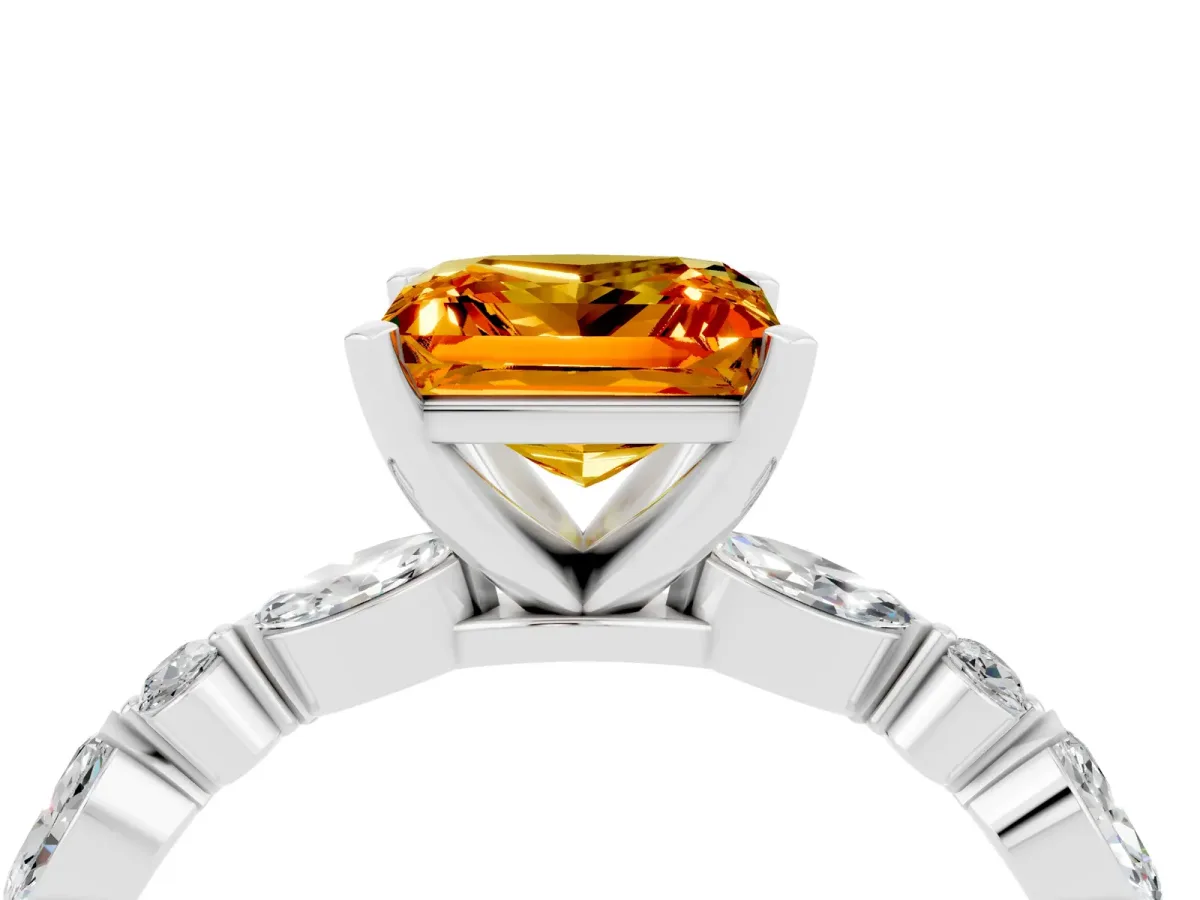 Princess Cut Citrine Ring with Marquise and Round Side Stones and Four-Prong Setting Platinum