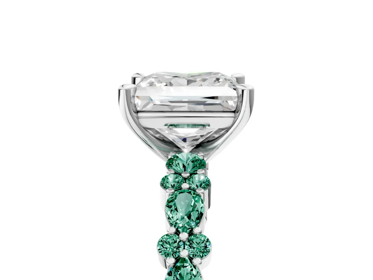 Princess Cut Diamond Side Stone Solitaire Ring with Round Green Sapphire and Four-Prong Setting Platinum