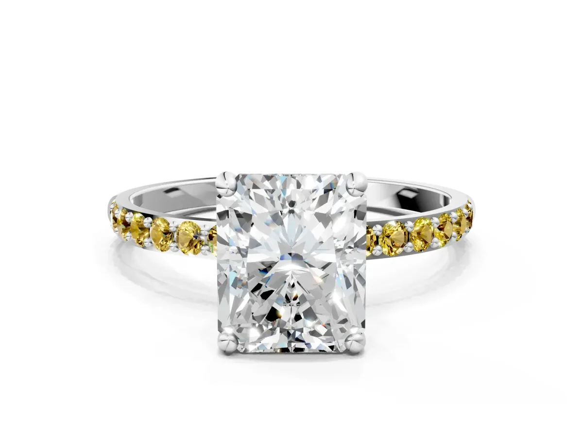 Radiant Cut Diamond Solitaire Ring with Round Yellow Sapphire Pavé Band and Prong Setting Silver