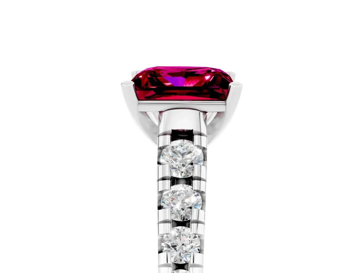 Princess Cut Garnet Cathedral Solitaire Ring with Round Pavé Band Platinum