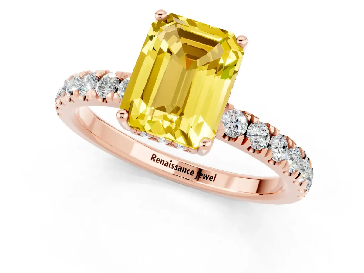 Emerald Cut Yellow Sapphire Pave Band Solitaire Ring with Round and Prong Setting Rose gold