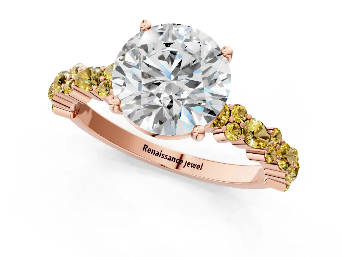 Round Cut Diamond Side Stone Solitaire Ring with Round Yellow Sapphire and Four-Prong Setting Rose gold