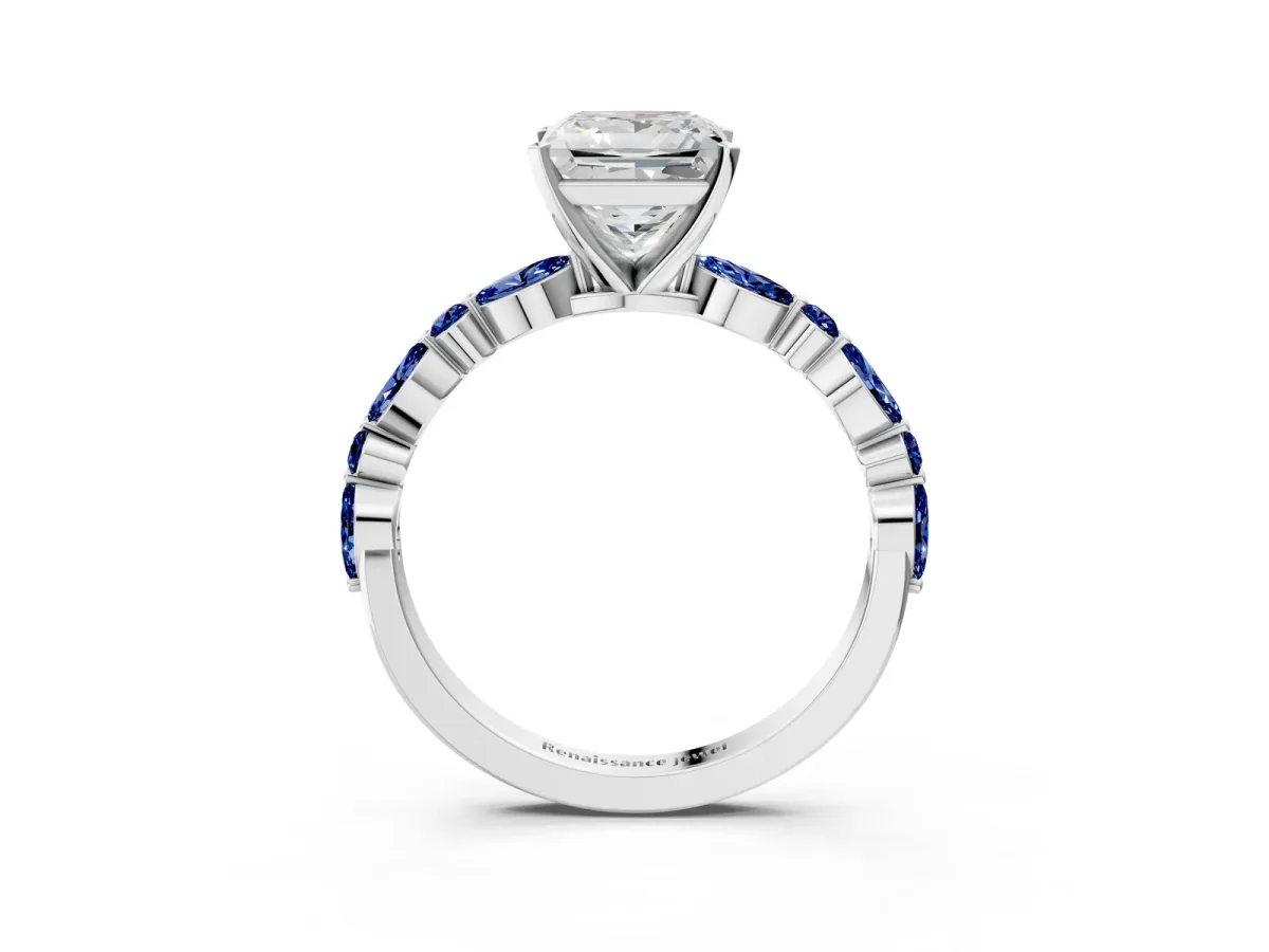 Princess Cut Diamond Ring with Marquise and Round Blue Sapphire Side Stones and Four-Prong Setting Platinum