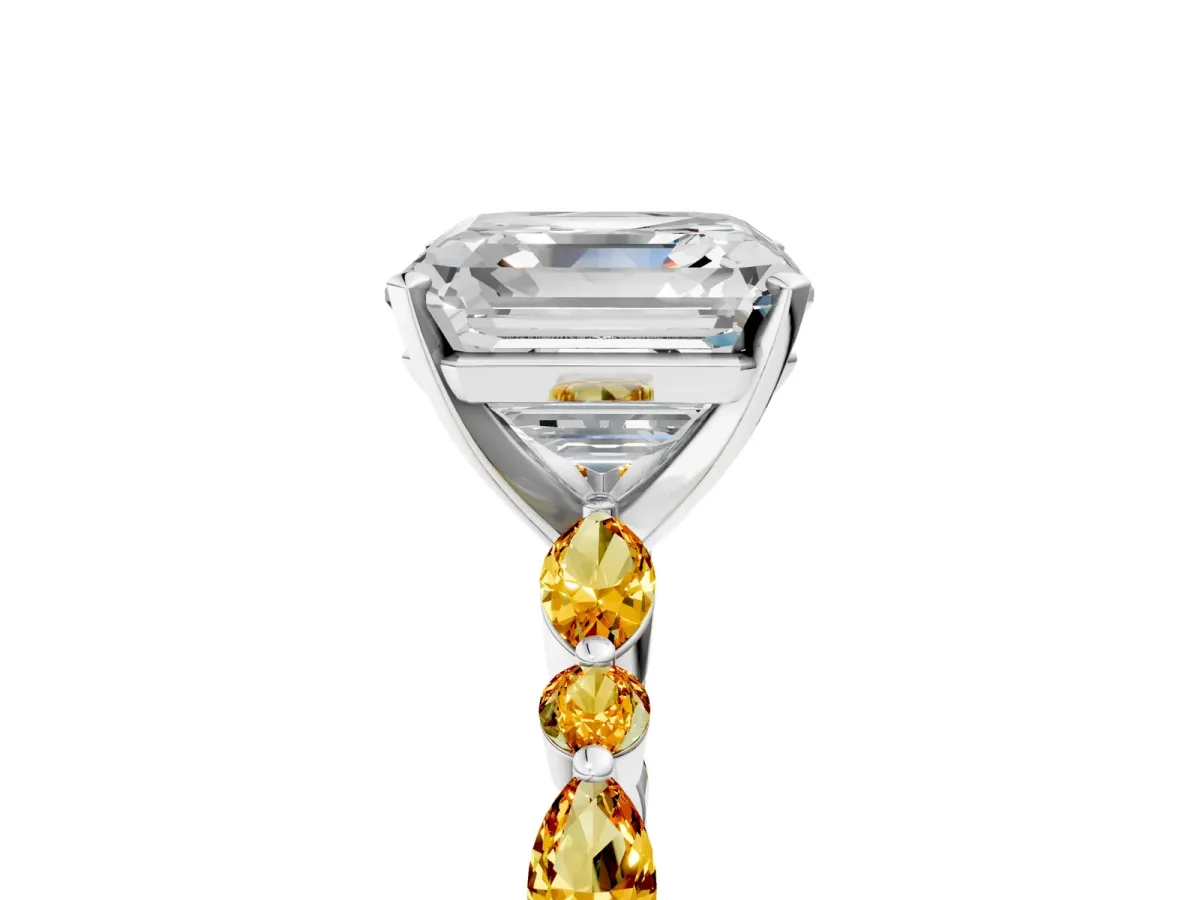 Asscher Cut Diamond Ring with Marquise and Round Citrine Side Stones and Four-Prong Setting Silver