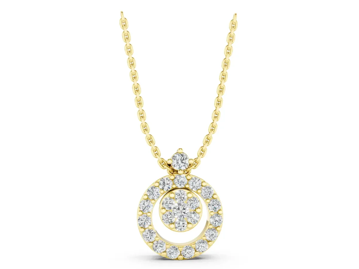 Round Halo Pavé Diamond Pendant with Four-Prong Setting Yellow gold