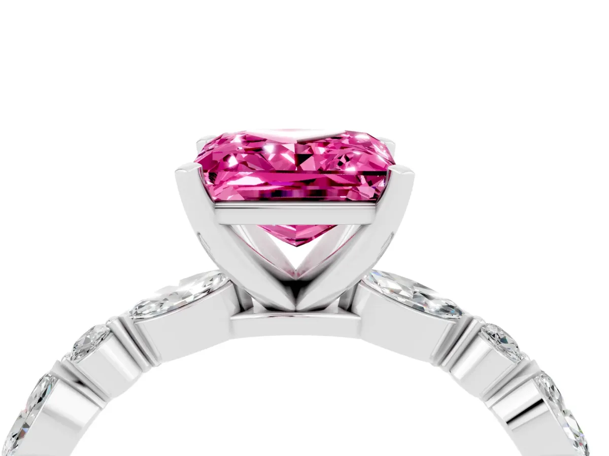 Princess Cut Pink Sapphire Ring with Marquise and Round Side Stones and Four-Prong Setting Platinum