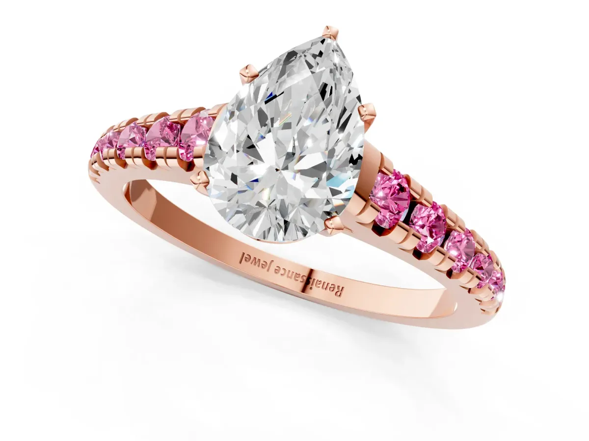 Pear Cut Diamond Cathedral Solitaire Ring with Round Pink Sapphire Pavé Band Rose gold