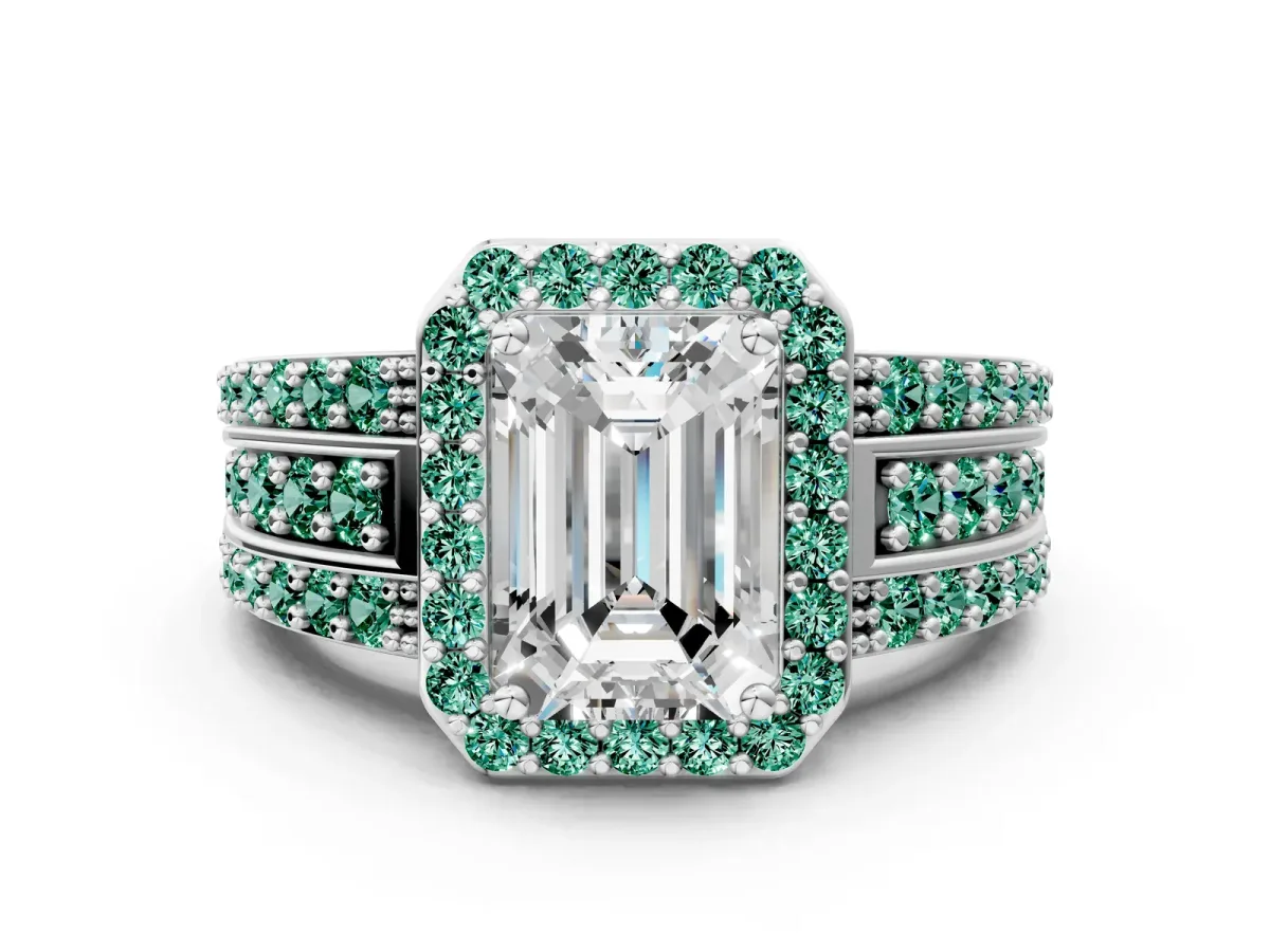 Emerald Cut Halo Diamond Ring with Round Green Sapphire Split Shank and Prong Setting White gold