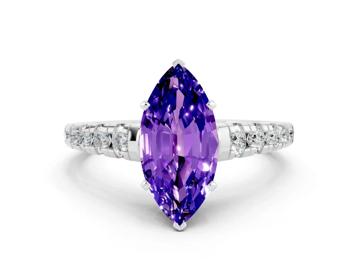 Marquise Cut Tanzanite Cathedral Solitaire Ring with Round Pavé Band Platinum