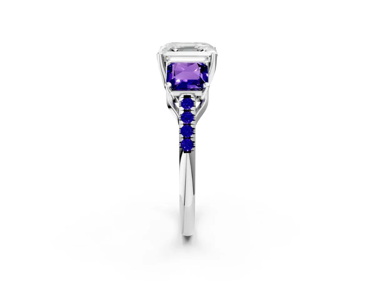 Three-Stone Asscher Cut Diamond Ring with Round Tanzanite Pavé Band and Prong Setting White gold