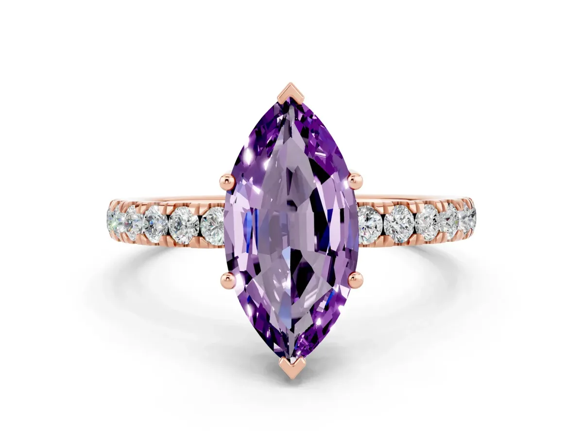 Marquise Cut Amethyst Pave Band Solitaire Ring with Round and Prong Setting Rose gold