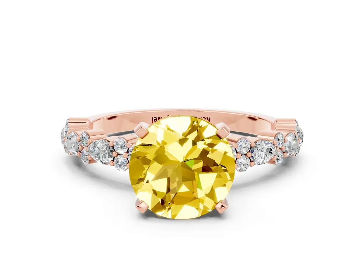 Round Cut Yellow Sapphire Side Stone Solitaire Ring with Round and Four-Prong Setting Rose gold
