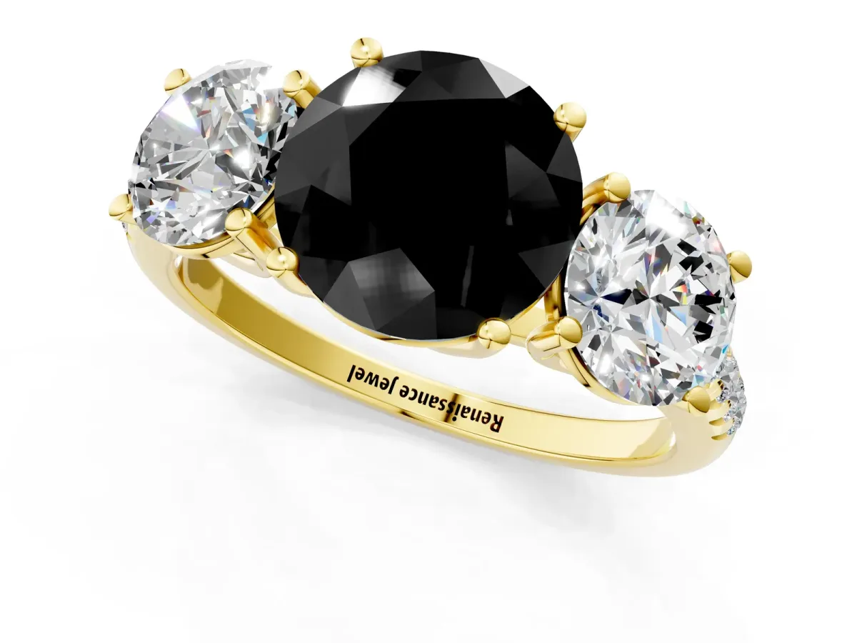 Fancy Black Three-Stone Round Cut Diamond Ring with Round Pavé Band and Prong Setting Yellow gold
