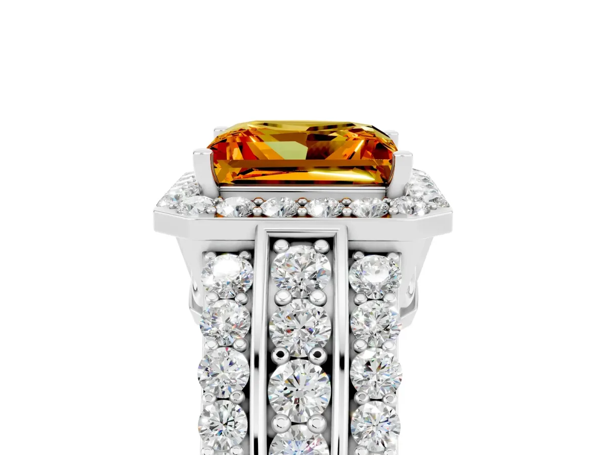 Princess Cut Halo Citrine Ring with Round Split Shank and Prong Setting White gold