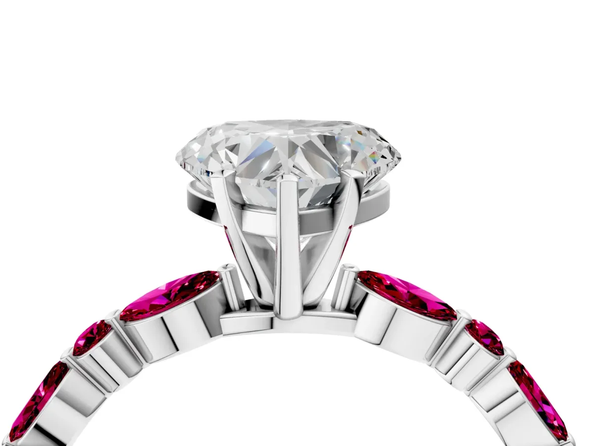 Heart Cut Diamond Ring with Marquise and Round Garnet Side Stones and Four-Prong Setting Silver