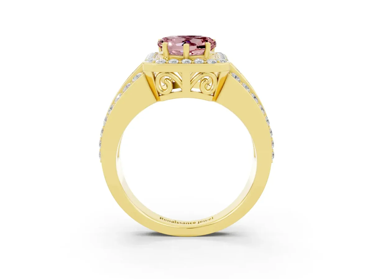 Heart Cut Halo Morganite Ring with Round Split Shank and Prong Setting Yellow gold
