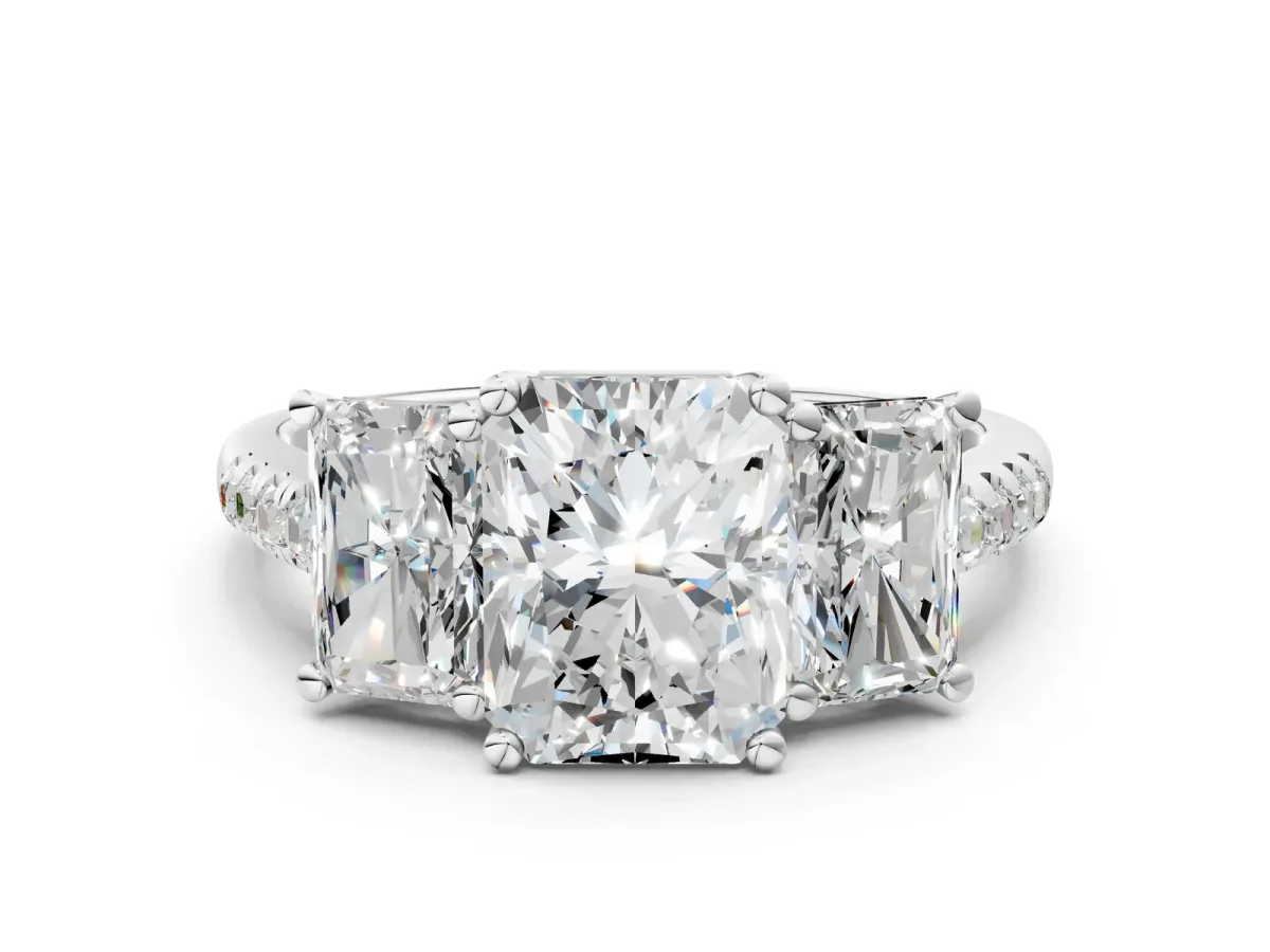 Three-Stone Radiant Cut Diamond Ring with Round Moissanite Pavé Band and Prong Setting Silver