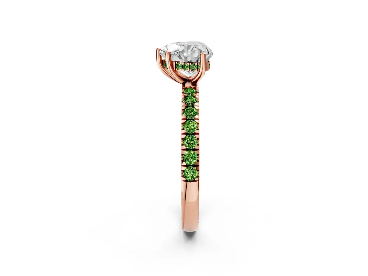Heart Cut Diamond Pave Band Solitaire Ring with Round Peridot and Prong Setting Rose gold