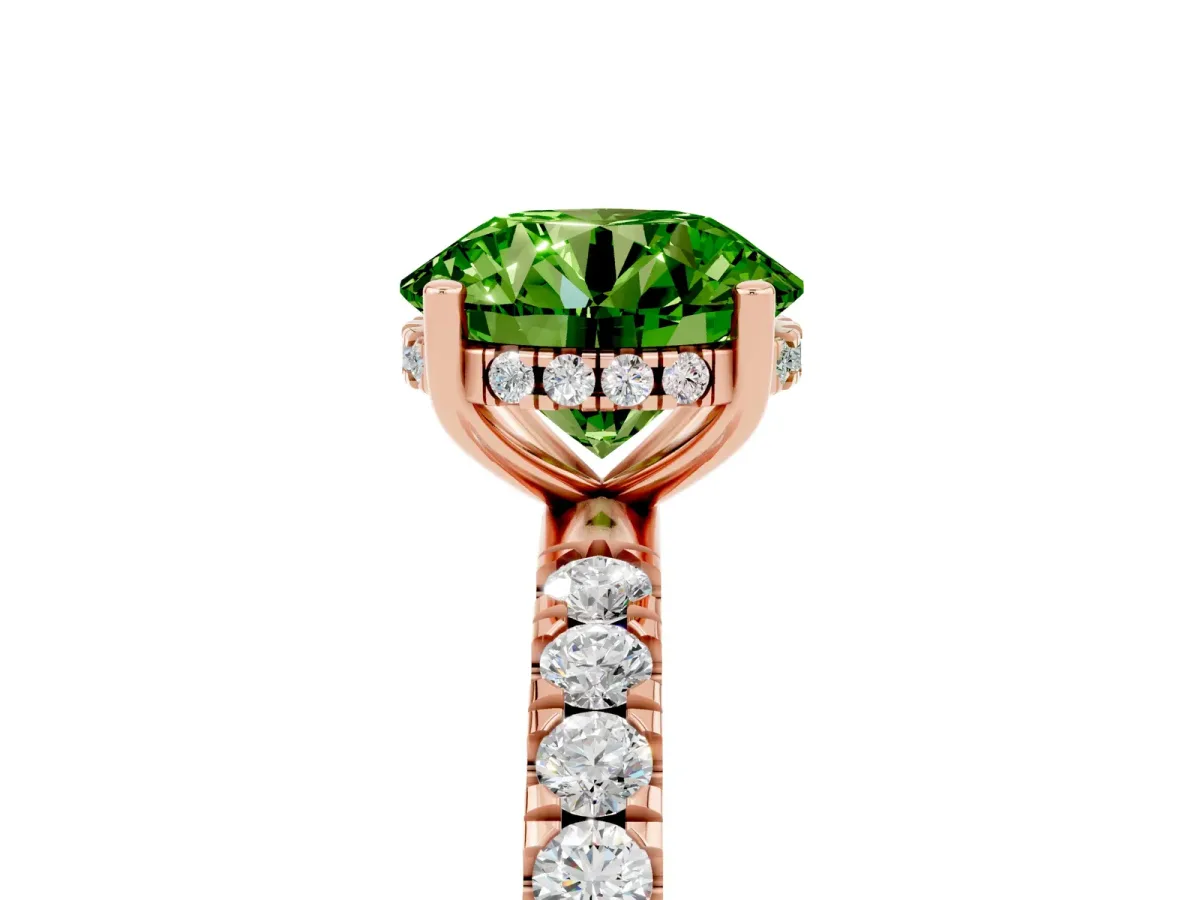 Round Cut Peridot Pave Band Solitaire Ring with Round and Prong Setting Rose gold