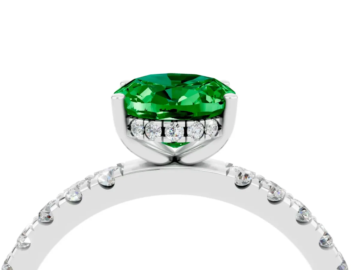 Oval Cut Emerald Pave Band Solitaire Ring with Round and Prong Setting Silver