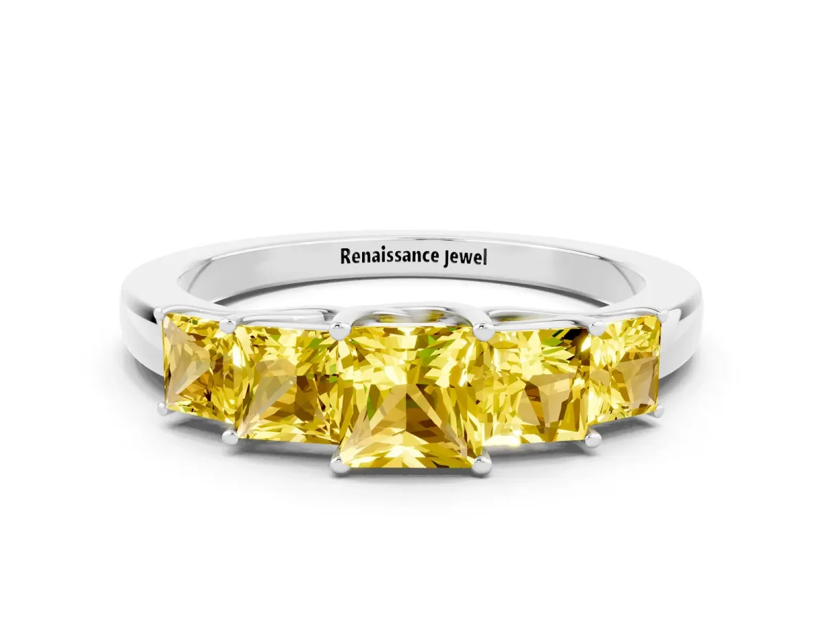 Princess Cut Five-Stone Yellow Sapphire Ring with Classic Prong Setting Silver
