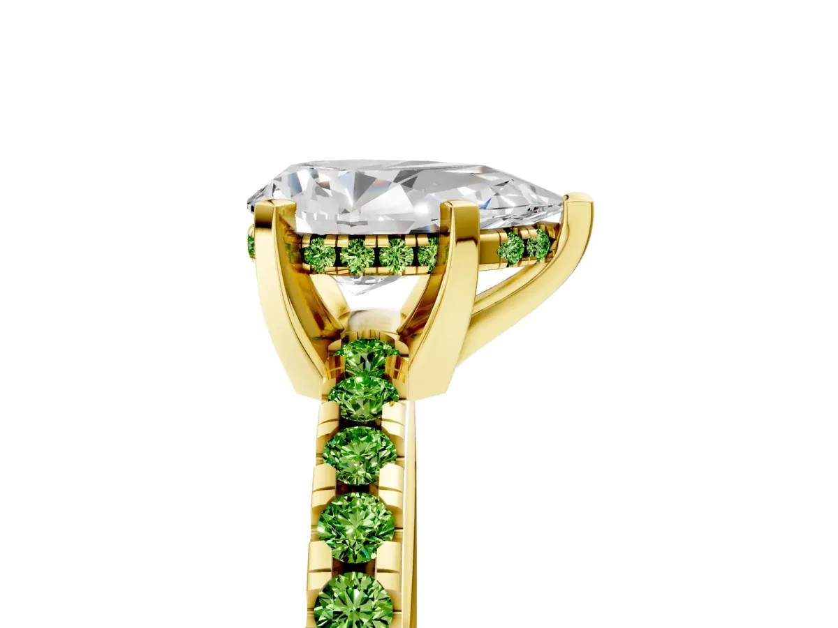 Pear Cut Diamond Solitaire Ring with Round Peridot Pavé Band and Four-Prong Setting Yellow gold